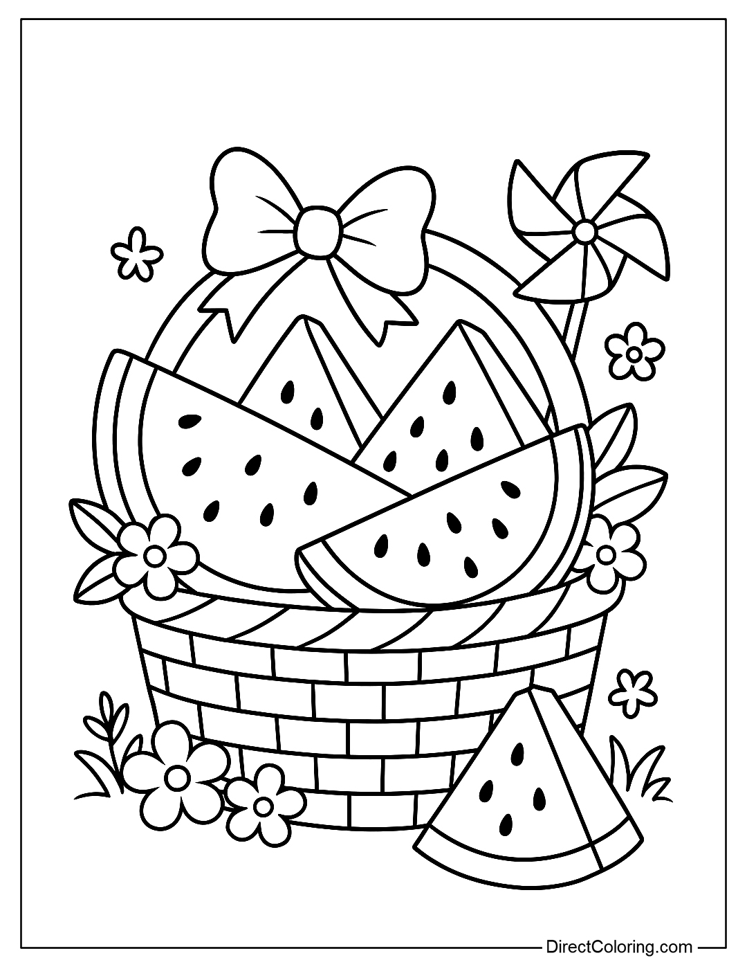 A cute wicker basket filled with watermelon slices and cute decorations like a bow, a small paper fan, and a few summer flowers.